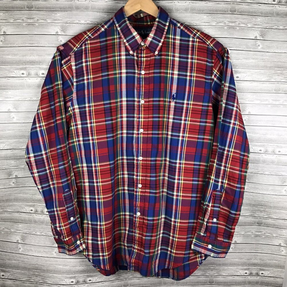 Ralph Lauren Classic Fit Mens Large Button down plaid dress shirt Red White Blue